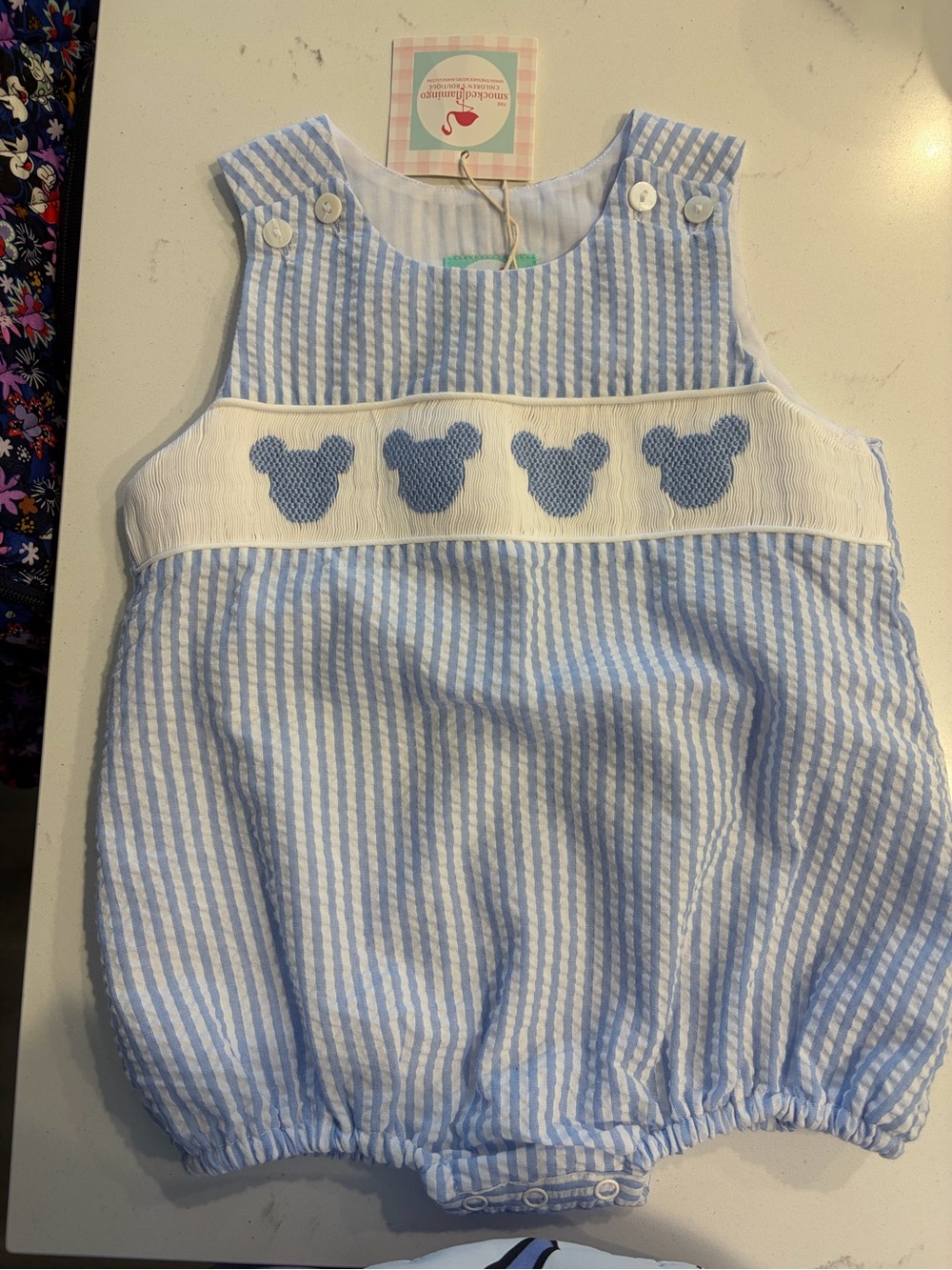 Blue & White Disney Mickey Mouse Seersucker Baby Romper with Mouse Appliqués